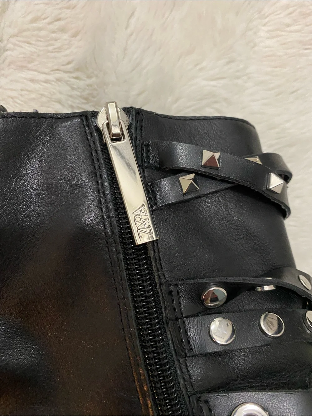 Zara Black Leather Studded Ankle Boots with Buckle Straps Size 8.5 (39)